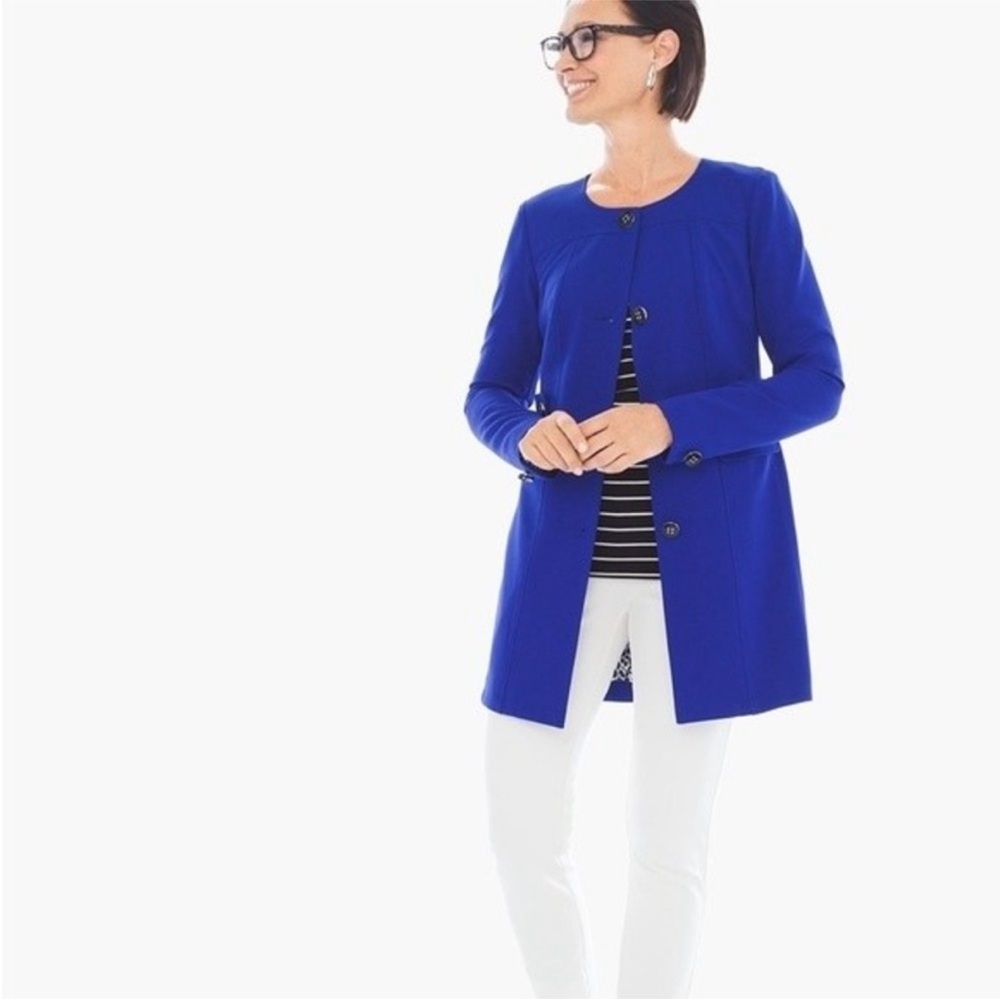 Chico’s Clean Ponte Button Down Jacket Blue Stretchy Sophisticated Sz 1/M